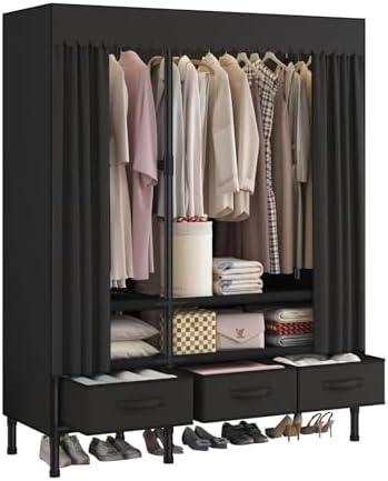 Portable Closet with Drawers 43.3"x17.7"x65.7" Wardrobe Closet Black by WEALTHYHEART