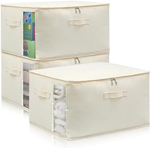 3 Pack Canvas Comforter & Blanket Storage Bags with Clear Window, Beige by CHICVIE