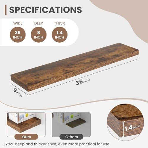 Acovy 36 Inch Floating Shelves, 8 Inch Deep Floating Shelves for Wall, Hanging Shelf with Invisible Brackets, Deep Shelves for Bathroom, Bedroom, Living Room, Brown, Set of 2 - Image 3