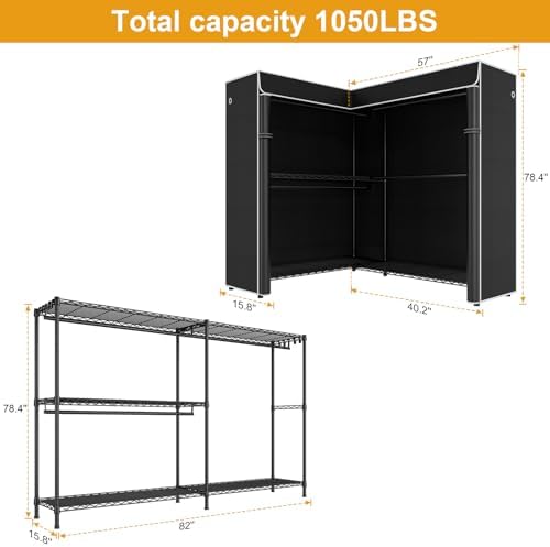 ULIFHOME E15C Max Garment Rack L Shaped Clothes Rack for Corner，Freestanding Clothing Racks for Hanging Clothes，Heavy Duty Closet System 57"W x 15.8"D x 78.4"H，Black Rack with Black Dustproof Cover - Image 3