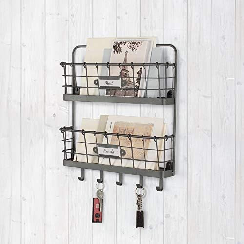 Spectrum Mail and Key Organizer for Wall, Vintage 2-Tier Mail Holder for Wall with 5 Key Hooks, Farmhouse Entryway Key and Mail Holder, Hanging Mail Organizer Rack for Letters Bills, Industrial Gray - Image 4