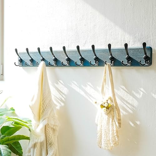 Dseap Coat Rack Wall - Heavy-duty 38-1/4" Long, with Reinforced 10 Custom Tri-Hooks, Solid Wood Wall Hanger for Coats Hat Jackets - Rustic Farmhouse Entryway Storage, Weathered Blue & Black, Pack of 2 - Image 7