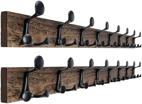 WEBI Coat Rack Wall Mount,43" Solid Wood Coat Hooks Wall Mounted Coat Hanger,16" Hole to Hole,Heavy Duty Hook Rack Rail,8 Triple Hooks for Hanging Coats,Jacket,Clothes,Hat,Weathered Brown,2 Packs by WEBI