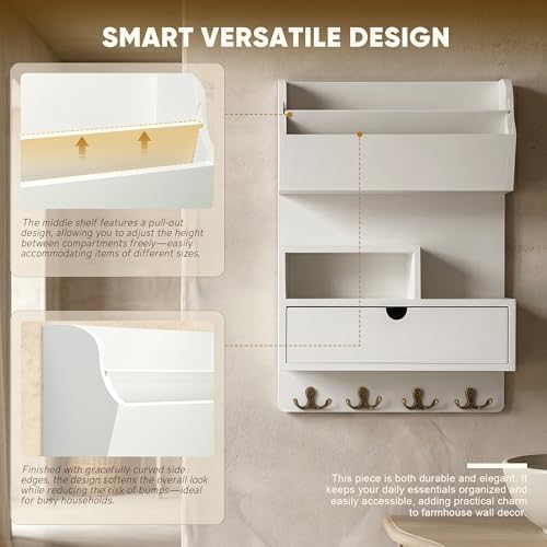 Rebee Vision Pine Wood Key Holder Wall Mount with Shelf & Drawer, White - Image 6