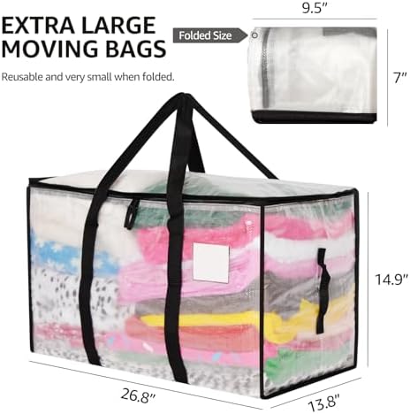 Moving Bags Heavy Duty Extra Large, Alternative for Moving Boxes & Moving Supplies,Clear Storage Bins with Lids, Plastic Packing Tote, Storage Bags for Clothes with Handles & Zippers(Clear, 10 Pack) - Image 4