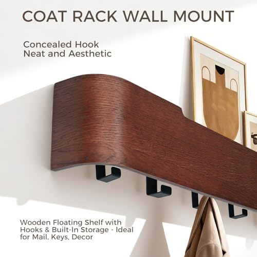 Coat Rack Wall Mount with Shelf Entryway Shelf Modern Key Holder Hanger Wall Shelves with Hidden Hooks for Hanging Towels Coats Hats Bags for Hallway Bathroom Bedroom(Walnut Color, 4 Hooks) - Image 4