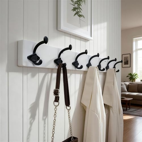 WEBI Rustic Coat Rack Wall Mount,30" Long 7 Cast Iron Coat Hooks Wall Mounted,Heavy Duty Farmhouse Wood Coat Hanger Wall Vintage Hooks for Hanging Jacket,Clothes,Backpack,Black on White,2 Packs - Image 2