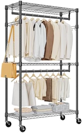 M MZG Heavy Duty Rolling Garment Rack 3 Tiers Adjustable Wire Shelving Clothes Rack with 2 Rods and Side Hooks,Storage Closet Clothing Rack with Wheels Black 15.7" D x 29.5" W x 74.5" H by MEIGAOPLASTICANDMETALHKCOLIMITED