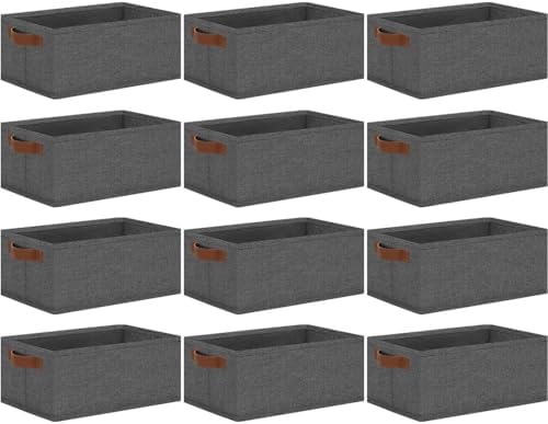 GhvyenntteS Small Fabric Storage Bins 12 Pack, 11.8" x 7.87" x 5.11" Storage Basket with Leather Handles, Closet Storage Bins for Shelves, Storage Baskets for Shelves, DVD Storage (Grey) by GhvyenntteS