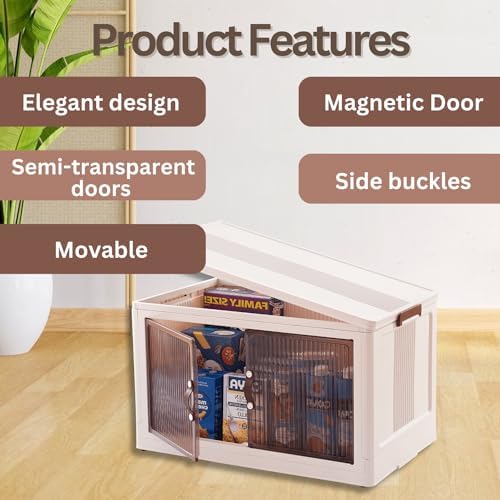 95 QT Foldable Stackable Storage Bins with Doors – Magnetic Doors Stackable Open Front Storage Bins - Collapsible Storage Box with Leather Handles for Organizing Pantry, Books, Clothes - Image 2