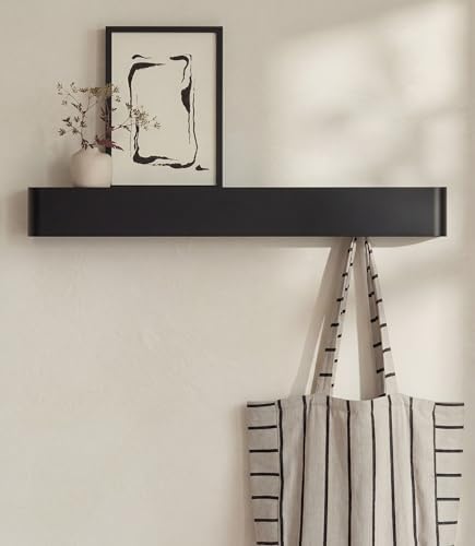 Kazai. Coat Rack Wall Mount with Shelf 'Tone' | Modern Design Coat Hanger with Hidden Hooks and Storage | Hat Rack with Shelf in Metal | Wall-Mounted Purse Organizer | Black by KAZAI