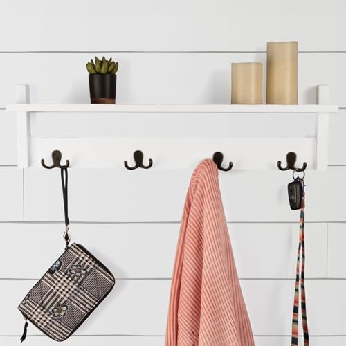 Lavish Home Coat Rack with Shelf and 4 Hooks - Wall Mount Coat Hook Shelf for Purses, Jackets and Keys - Coat Rack for Entryway, Mudroom, or Hallway (White) by LavishHomeCollection