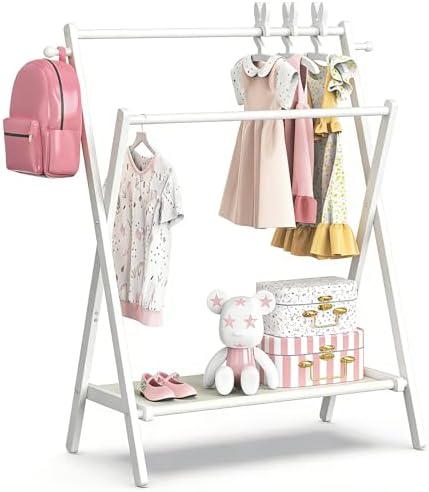 BAMBOOHOMIE Kids Clothing Rack, Small Clothes Rack for Toddler Pets, Kids Dress Up Rack with Storage Shelf & Double Rods, Foldable Kids Clothes Rack for Nursery Child's Room (Regular Size - White) by BAMBOOHOMIE
