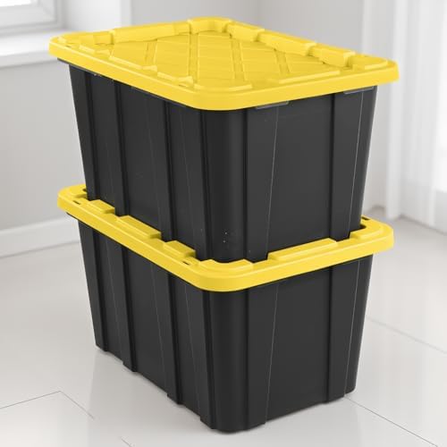6-Pack 27 Gallon Storage Totes with Lids, Stackable Black & Yellow Bins - Image 7