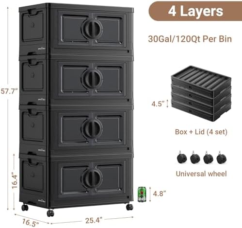 BROVIEW 480Qt Lockable Stackable Storage Bins with Lids, Closet Organizers and Storage Drawer, Collapsible Storage Bin with Wheels, Plastic Cabinet for Toy Clothes Dorm Organizer, V9 4 Pack Black - Image 2