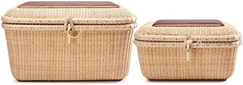 Nantucket baskets Rectangular Handwoven rattan Storage Basket Set with Lid for Shelves and Home Organizer Bins (2-Size Kit) by TengTian