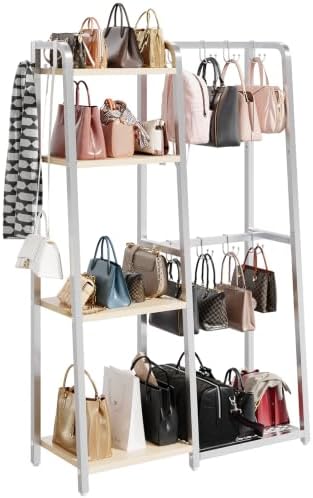 HavenlyYouth Purse Storage Organizer for Closet, 4-Tier Iron Wood Purse Rack, 8 Purse Hooks & 2 Side Hooks for Bag Organizer, Large Capacity Handbag Storage Rack for Home, Living Room, Silver by HAVENLYYOUTH