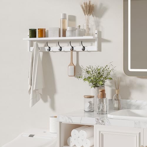 BAMEOS Wall-Mounted Wood Shelf with 5 Dual Hooks for Bathroom, Living Room, Bedroom (White-with Shelf) - Image 3
