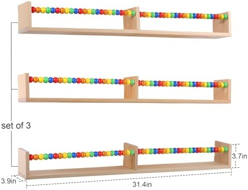 birola Nursery Book Shelves Set of 3,Wood Floating Book Shelves for Wall,Wall Book Shelf for Kids，Bathroom Decor, Kitchen Spice Rack (Five-Color Beads) - Image 3