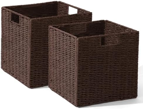 12x12x12 Inch Wicker Storage Basket, Set of 2 Hand-Woven Paper Rope Wicker Baskets, Foldable Cube Storage Bins, Brown Storage baskets Cubes, Square Baskets for Organizing Shelves Decor by WickerStorageBaskets