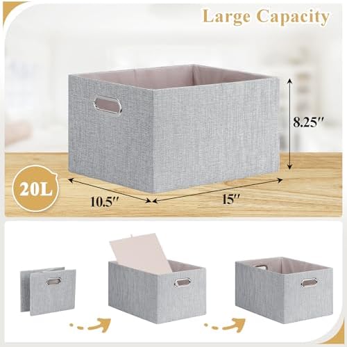 Posprica Closet Organizers and Storage, 4 Pack Large Linen Storage Bins, Decorative Shelf Storage Baskets for Organizing, Foldable Fabric Storage Box for Clothes, 15x10.5x8.25 Inch(Grey) - Image 4