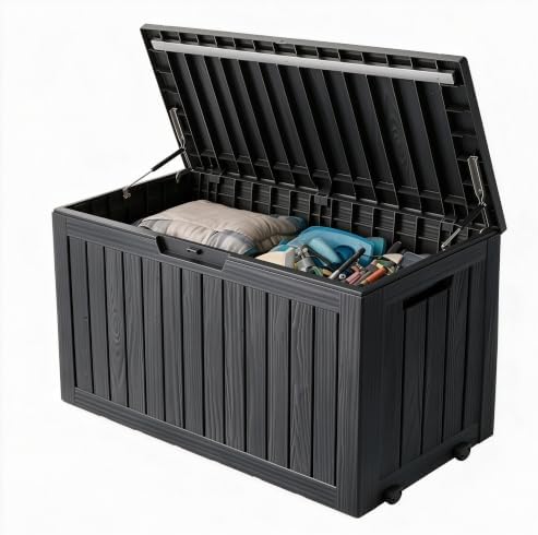 92 Gal Deck Box,Waterproof Resin Outdoor Storage Gas Lift,Lockable Black by NUNULAB
