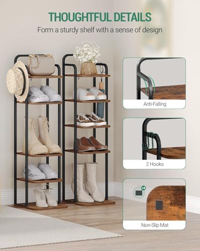 Hzuaneri 6 Tiers Vertical Shoe Rack, Tall Shoe Shelf with 2 Hooks - Image 3