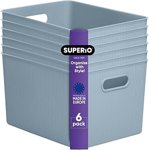 Superio Ribbed Collection - Decorative Plastic Basket Open Home Storage Bins Organizer, X-Large Blue (6 Pack) Container Boxes for Organizing Closet Storage Bins for Shelves 22 Liter/23 Quart by Superio
