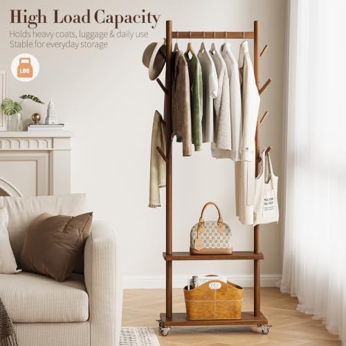 Yoobure Solid Wood Coat Rack Freestanding - Rolling Clothes Rack with 8 Hooks & Shelves, Small Clothing Rack with Wheels, Heavy Duty Clothing Racks for Hanging Clothes, Portable Hall Tree for Entryway - Image 4