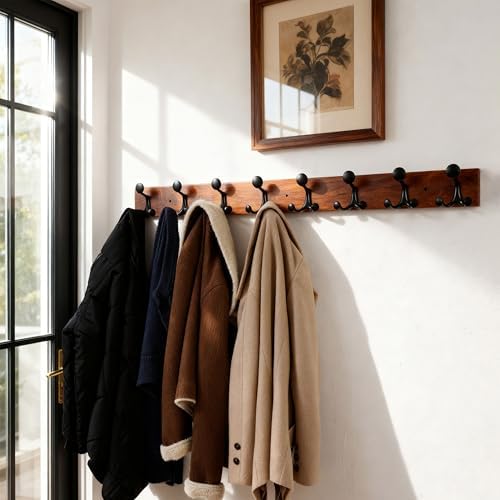 SKOLOO 43-Inch Wood Coat Rack Wall Mount with 8 Triple Hooks - Ideal for Family Entrances, Classrooms, and Pet Supplies Storage - Perfect Coat Hooks for Wall,Mahogany (Sapele) - Image 2
