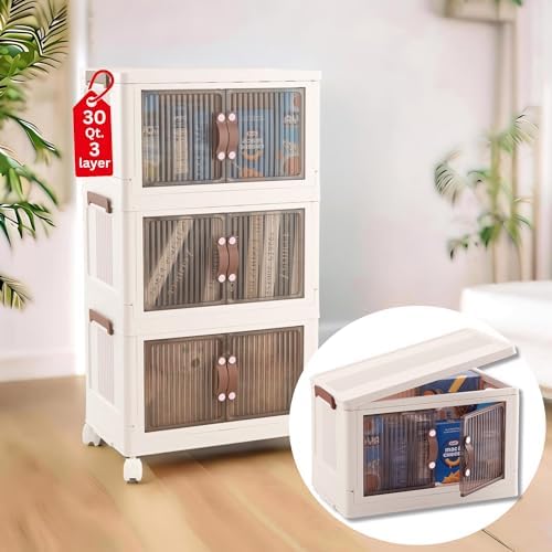 30 QT 3 Tier Folding Storage Bins with Doors – Magnetic Door Foldable Storage Cabinet - Folding Storage Box with Leather Handles - Stackable and Collapsible Storage Container for Books, Pantry by Proktik