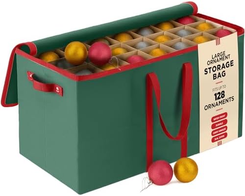 128 Ornament Storage Box, Adjustable Dividers, Stackable Holiday Ornament Organizer with Lid, Durable Fabric Bin for Christmas Decorations – Reinforced Handles, Dustproof, Space-Saving Design by PEULEX