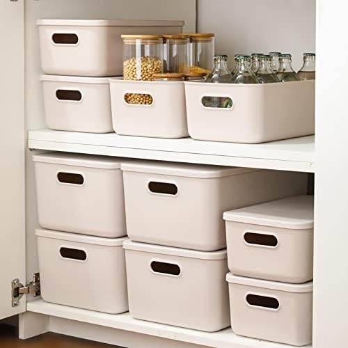 Yishyfier Plastic Storage Baskets With Lid Organizing Container Lidded Knit Storage Organizer Bins for Shelves Drawers Desktop Closet Playroom Classroom Office (4M+2S, Light grey) - Image 2