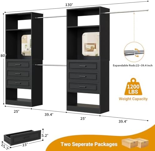 Unikito 6-14FT Wood Closet System with 6 Drawers and Mirror, Black - Image 7
