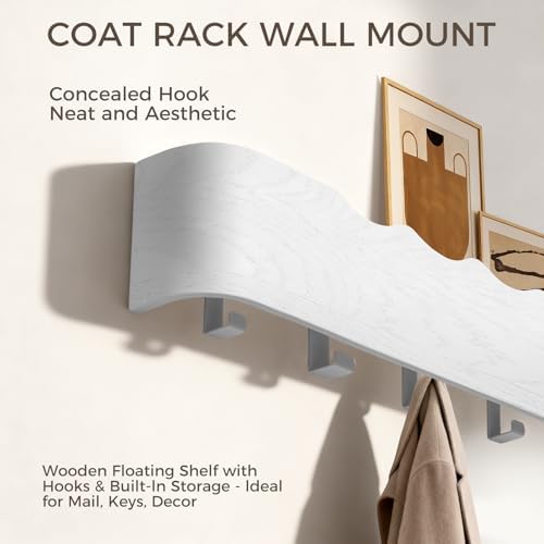 Coat Rack Wall Mount with Shelf Entryway Shelf Modern Key Holder Hanger Wall Shelves with Hidden Hooks for Hanging Towels Coats Hats Bags for Hallway Bathroom Bedroom (Wavy White, 5 Hooks) - Image 4