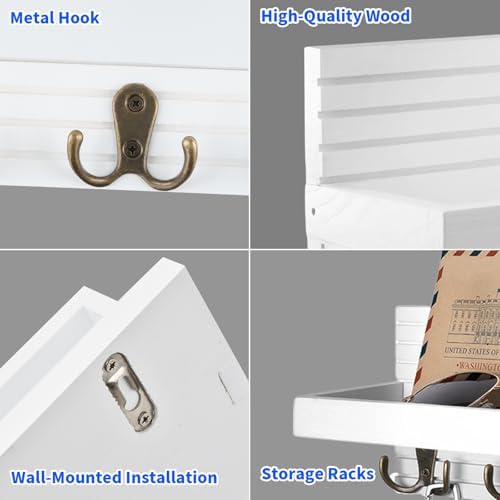 Key Holder for Wall, Wooden Key Hooks Wall Mounted with 8 Hooks, Rack with Storage Shelf for Mail, Phone, Small Decor, Ideal for Entryway, Office, Hallway, White - Image 4