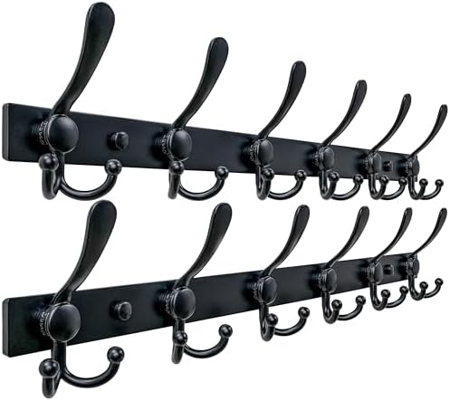 Dseap Coat Rack Wall Mount 24 Inch, Heavy Duty 12-Gauge Base vs Flimsy 1mm, Double-Thick Solid Anti-Snap Hooks, Stainless Steel 6-Hook Hanger for Clothes Hat Closet Entryway, Black, Pack of 2 by Dseap