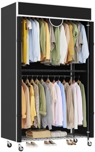 Heavy Duty Clothes Rack with Cover, 485LBS Capacity, Portable Closet Wardrobe on Wheels, Carbon Steel, Dustproof, Tool-Free Assembly, Clothes Racks for Hanging Clothes, for Bedroom, Laundry, Storage by Garvee