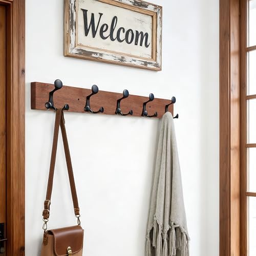 SKOLOO 24-Inch Wood Coat Rack Wall Mount with 5 Triple Hooks - Ideal for Family Entrances, Classrooms, and Pet Supplies Storage - Perfect Coat Hooks for Wall,Mahogany (Sapele) - Image 2