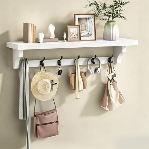 RALGEND 29" Long Coat Rack Wall Mount Shelf, Entryway Wall Shelf with 6 Metal Hooks, Coat Hangers for Living Room, Modern Wooden Floating Shelves for Bathroom, Bedroom, Kitchen, White 7401BJR1WT by RALGEND