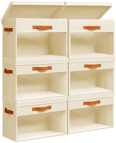 Homsorout Large Storage Bins with Lids - 6 Pack Foldable Decorative Organizers with Clear Windows & Handles, Cube Storage Organizers for Clothes, Blankets, Sweaters, CD, Beige by Homsorout