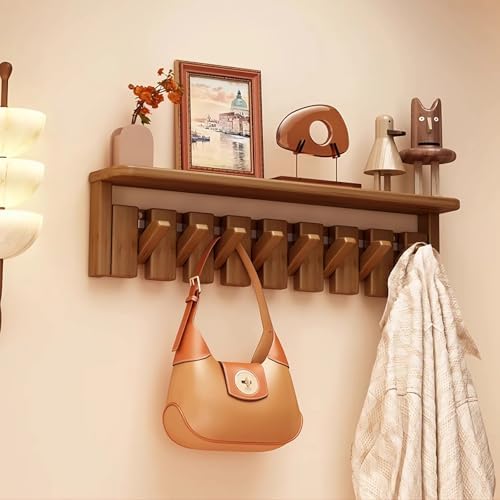 Paint Wood Wall Mounted Coat RackHooks Piano Key Hangers Natural Solid Wood Hanger Non-Woven Fabric Clothes Hangers for Closet, Kitchen, Bedroom, Bathroom, Entryway（Shelf+Walnut 8 Hooks） by MurphyBedKitMattresFrame