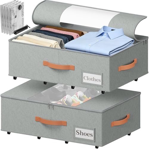 TOSKING 2-Pack Under Bed Storage Bins with Wheels, 4 Vacuum Bags, Heavy Duty 80 lbs, 7.9" Height, 47L Clear Lid Organizer, Space Saver for Dorm Bedroom Clothes Shoes Toys, Quick Assembly, Gray by TOSKINGESSENCE