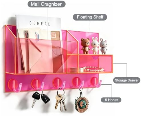 Acrylic Key Holder Wall Mount Mail Organizer for Wall with Shelf Storage Drawer and 5 Hooks, Neon Pink - Image 7