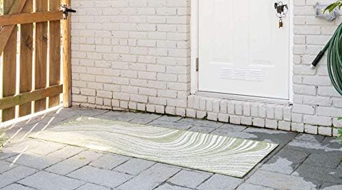 Unique Loom Outdoor Modern Collection Area Rug - Pool (2' x 6' 1" Runner, Green/ Ivory) - Image 2