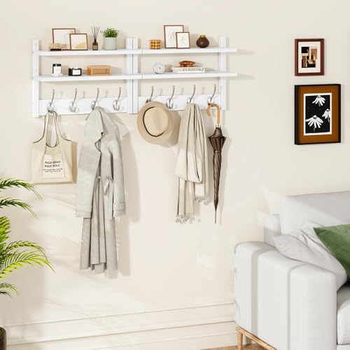 YMYNY Double Shelf Coat Rack Wall Mount with 8 Hooks, White HWS009W-2 - Image 5