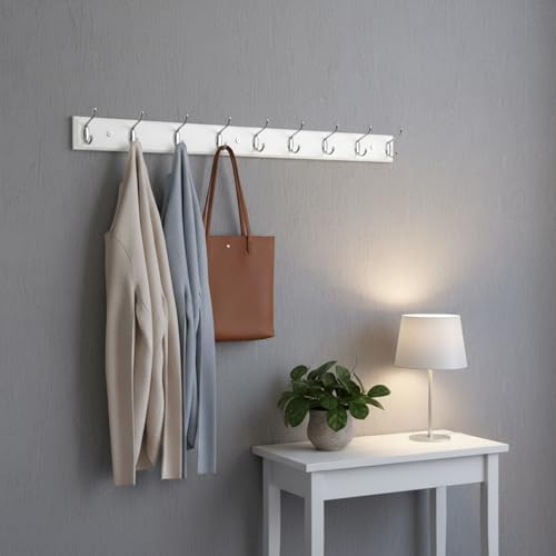 Wooden Wall Mounted Coat Rack – 31 Inch, White with 8 Silver Hooks for Entryway, Hallway, Bedroom - Image 3
