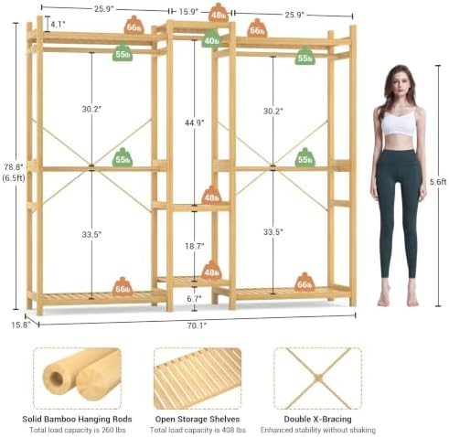 Homykic Bamboo Clothing Rack with 7 Shelves, 5 Hang Rods, 70” Wide, Natural - Image 4