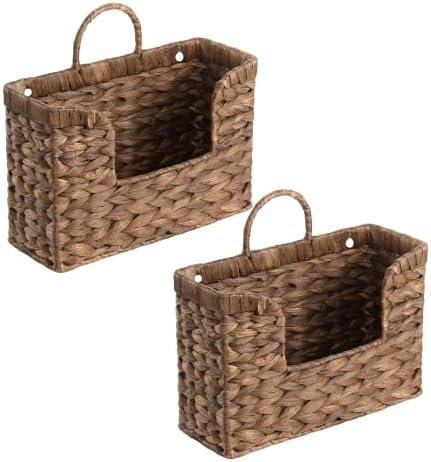 Set of 2 Coffee Water Hyacinth Hanging Baskets with Handle, Wall Baskets Storage, Wall Mounted Organizer, Magazine Holder Magazine Basket, Farmhouse Baskets for Flowers/Magazine/Fruit Storage by Unknown