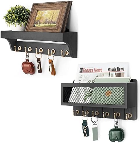 Rebee Vision Key Holder for Wall Set : 14'' Arc Key Rack with 5 Metal Hooks and 13'' Mail Organizer Basket with 6 Key Hooks, Key Hanger for Keys, Coats, Letters - Black by REBEEVISION